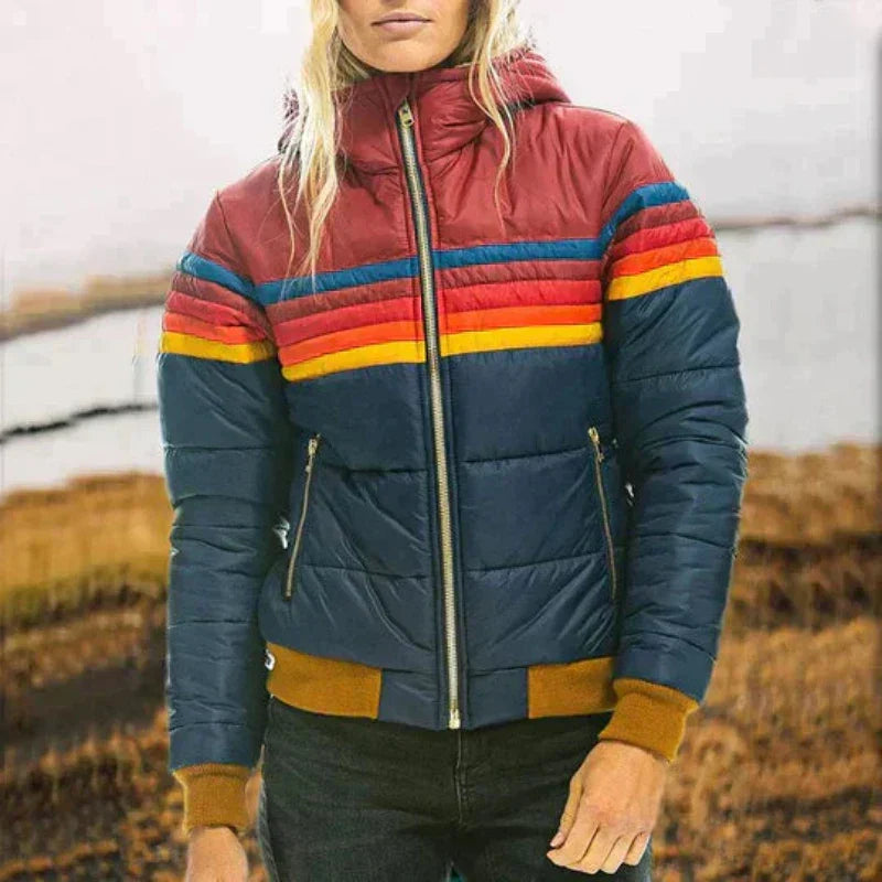 Women's Puffer Jacket, Ribbed Cuff Retro Stripe Hooded