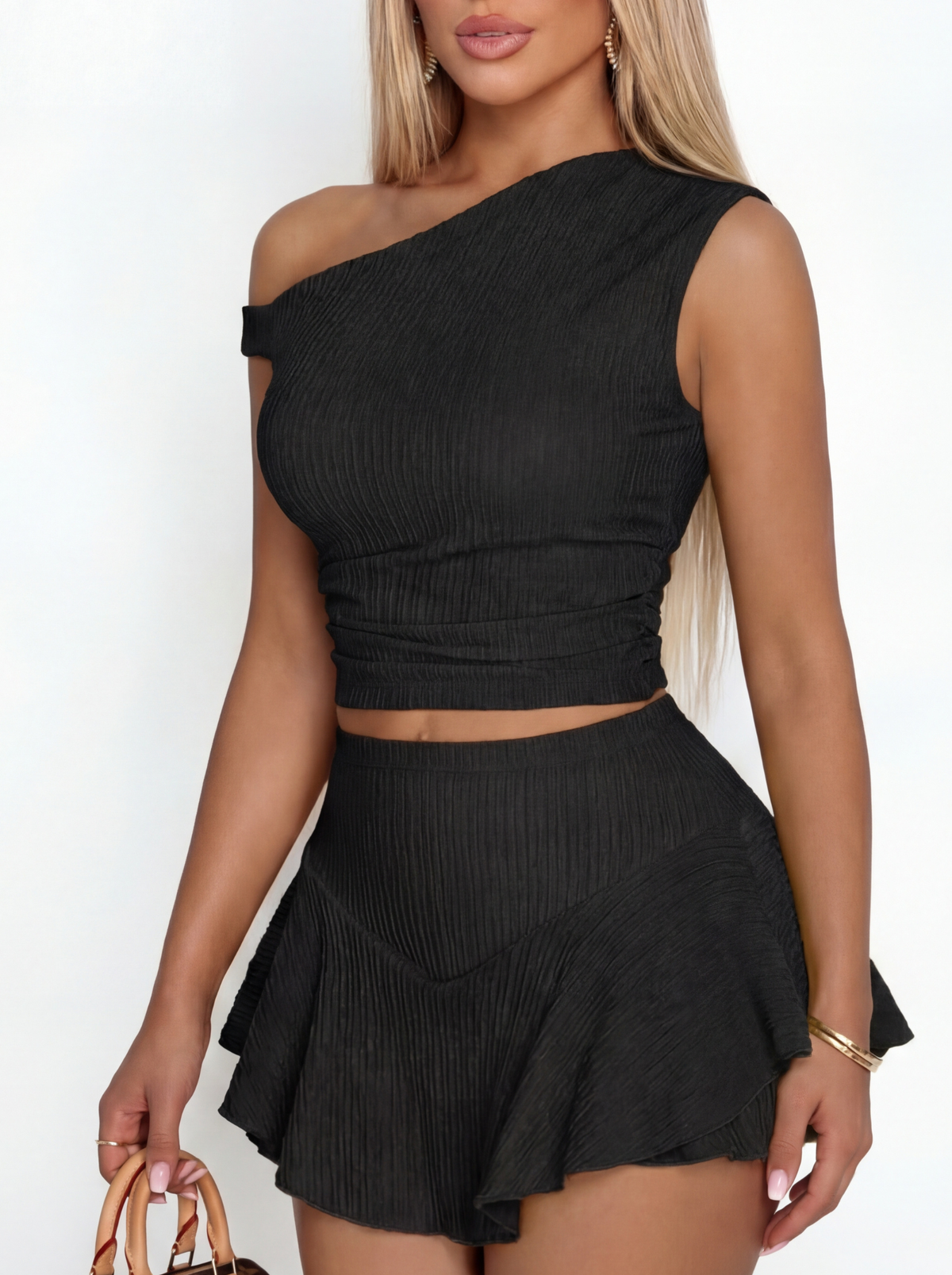 Women's Two Piece Skirt and Top Set, Ribbed One Shoulder Ruffle
