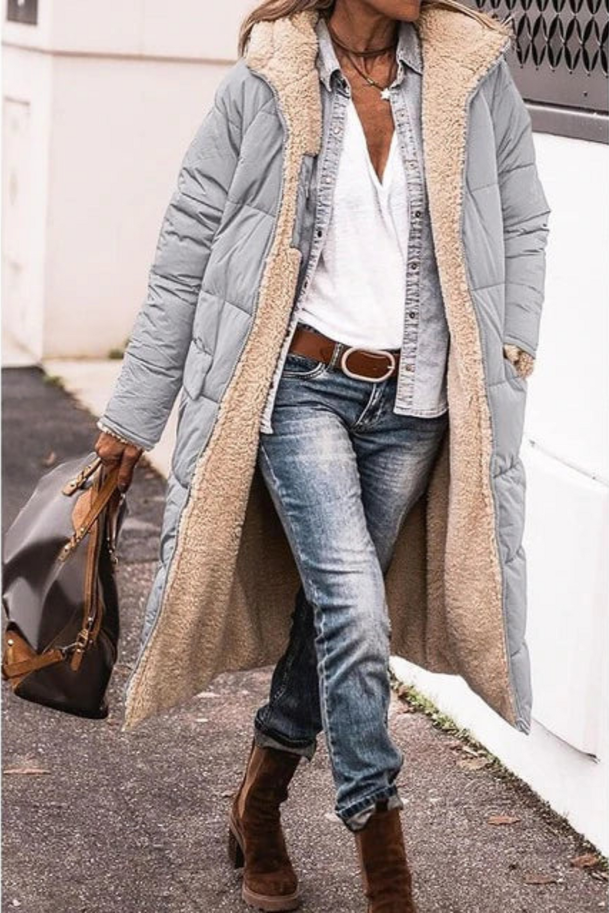 Women's Long Puffer Jacket, Reversible Sherpa Midi Longline Coat