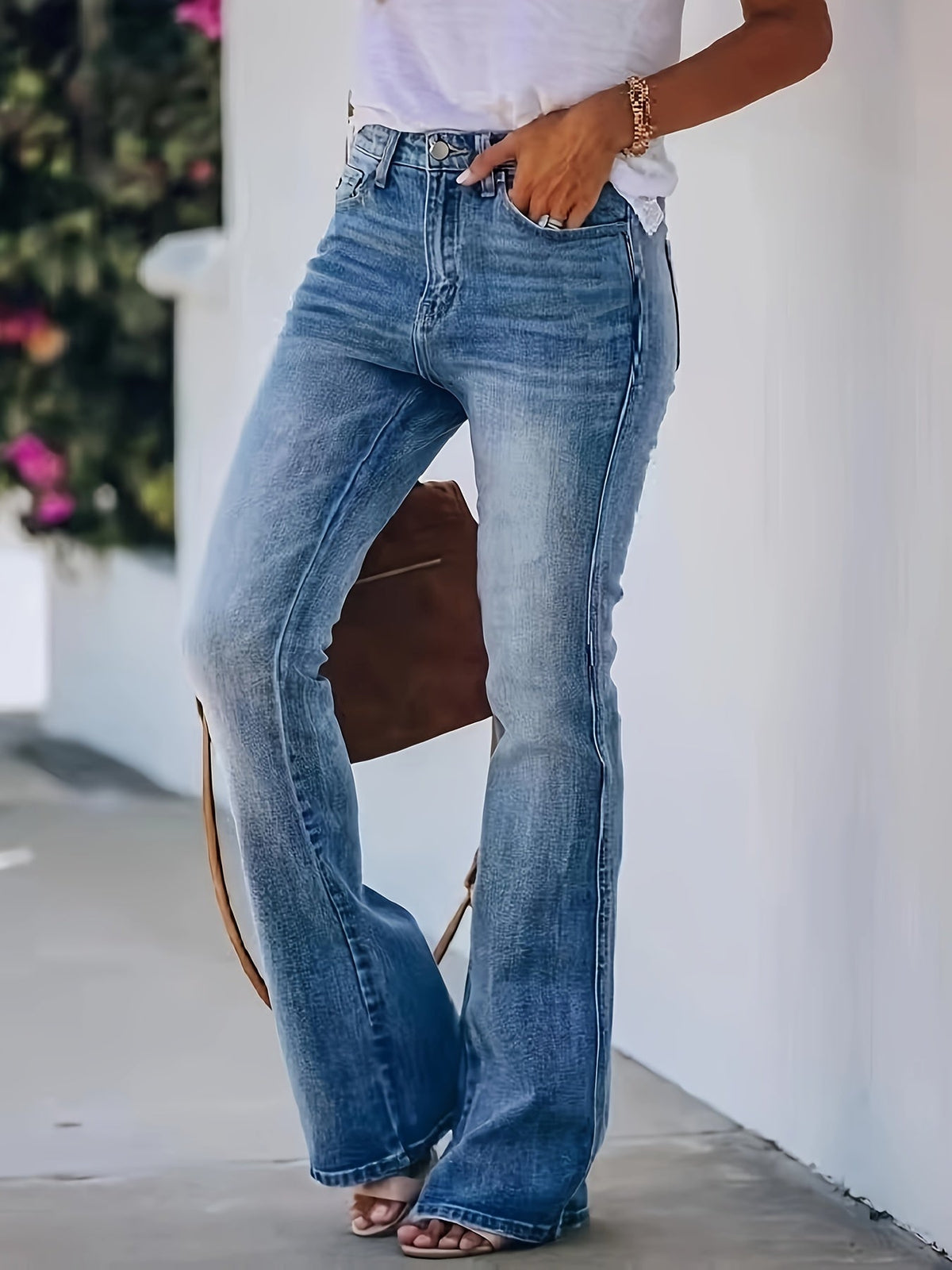Women's Flare Jeans, High Waist Button Fly Full Length