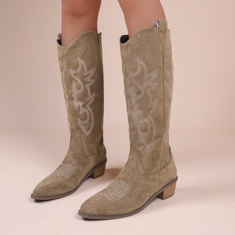Women's Embroidered Denim Western Boots, Chunky Heel