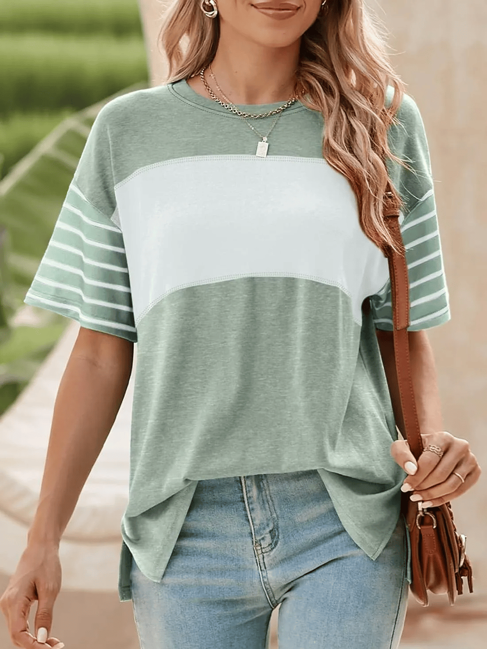 Womens Oversized Crewneck Casual Color Block Striped Shirts Blouses