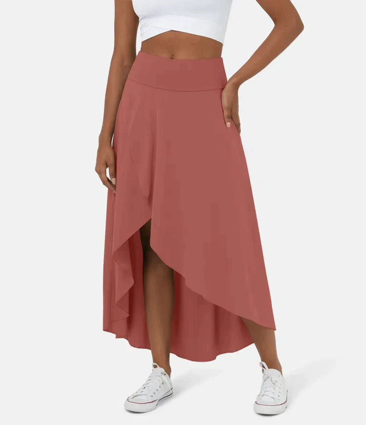 Women's Midi Skirt, Asymmetric High-Low Hem Wide Waistband