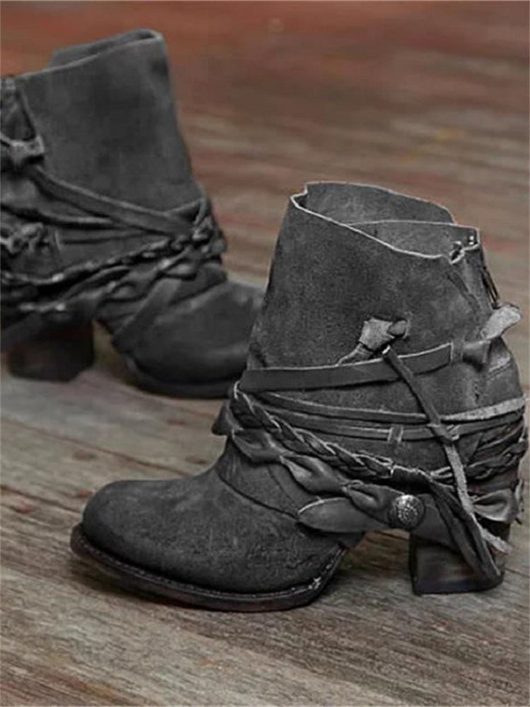 Women's Suede Ankle Boots, Braided Lace-Up Mid Heel