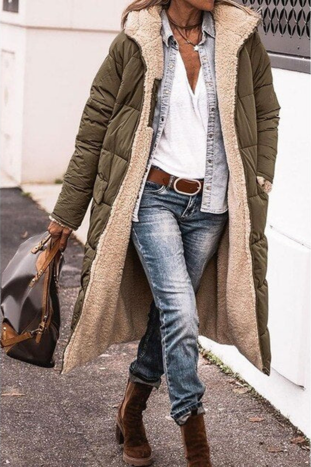 Women's Long Puffer Jacket, Reversible Sherpa Midi Longline Coat