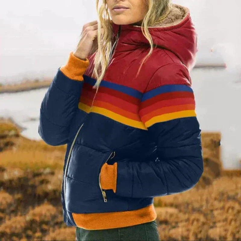 Women's Puffer Jacket, Ribbed Cuff Retro Stripe Hooded