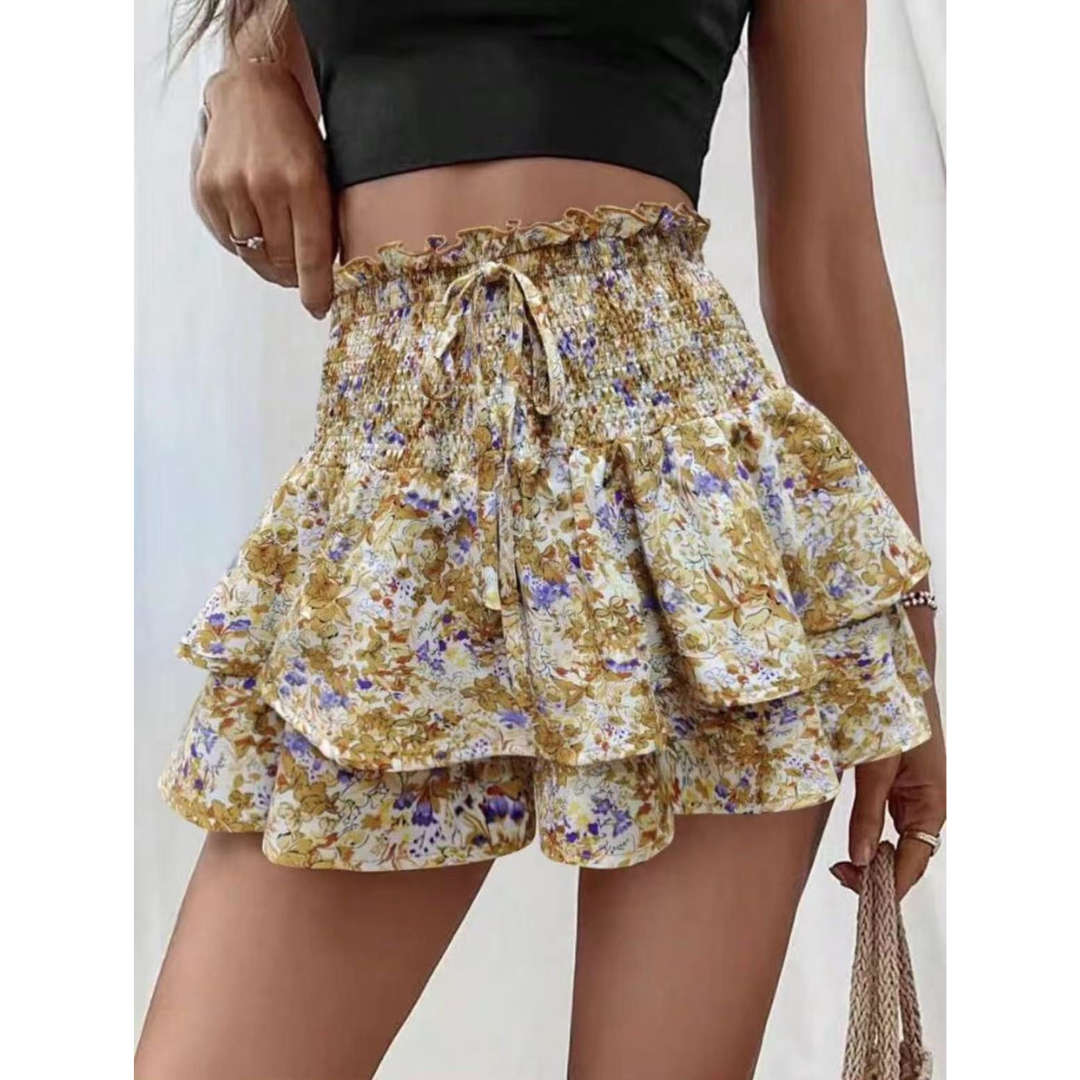 Women's Floral Mini Skirt, Smocked Waist Layered Ruffle Hem