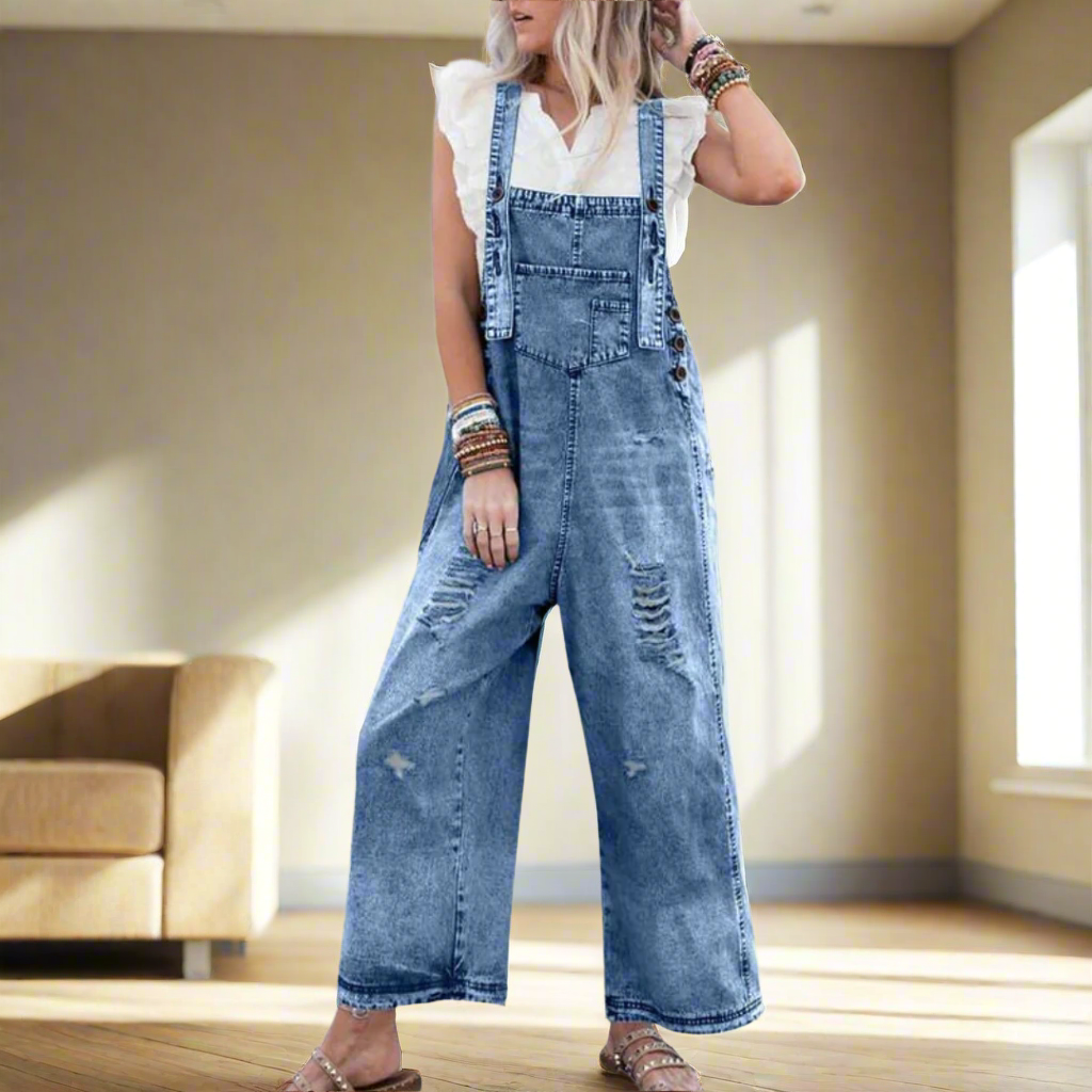 Women's Jumpsuit, Distressed Bib Front Wide Leg Overalls