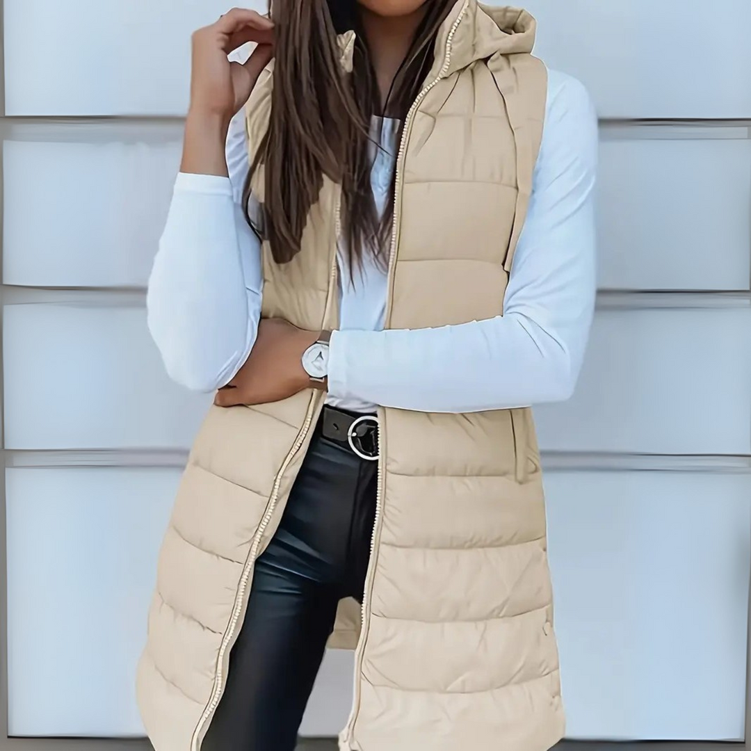 Women's Leather Jacket Style Puffer Vest, Longline Hooded Quilted