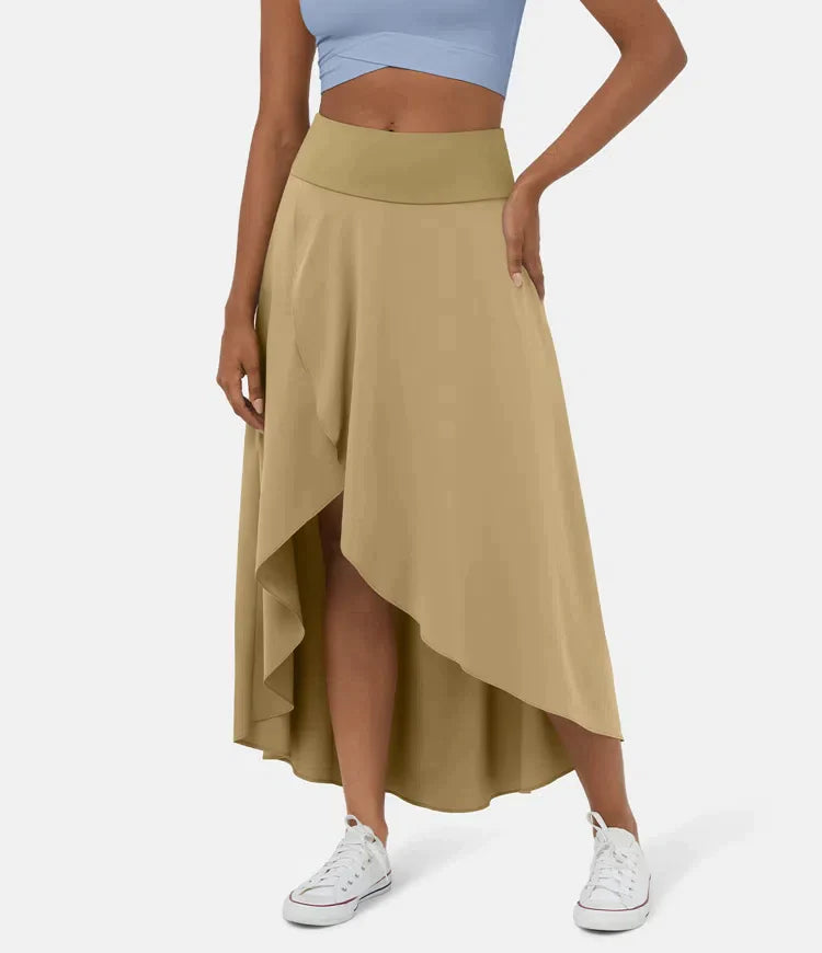 Women's Midi Skirt, Asymmetric High-Low Hem Wide Waistband