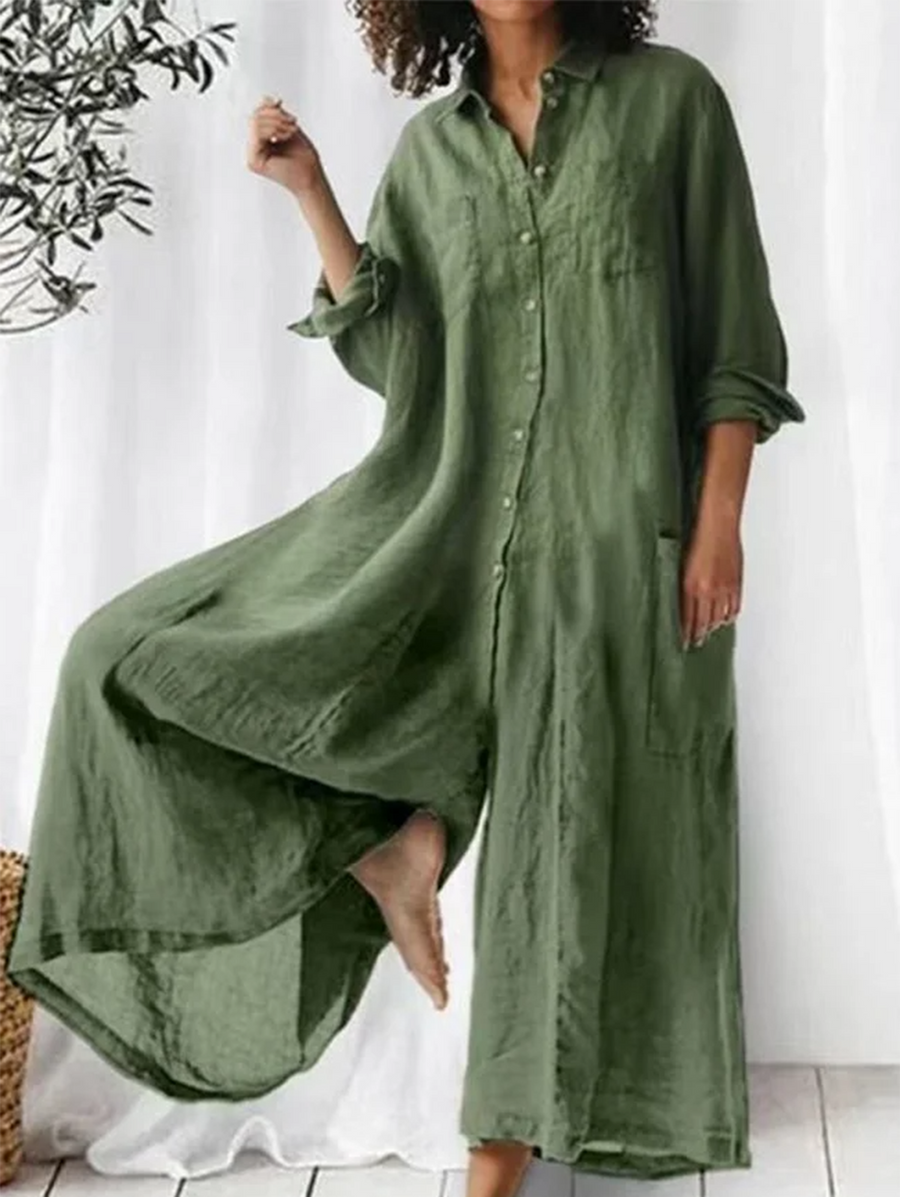 Women's Button Front Wide Leg Jumpsuit, Collared