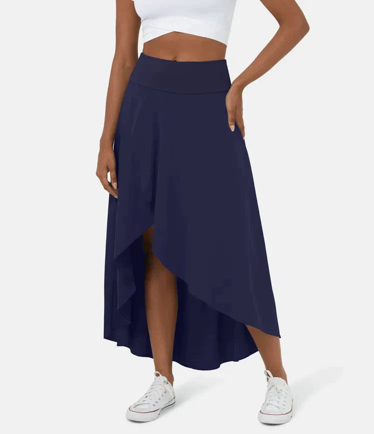 Women's Midi Skirt, Asymmetric High-Low Hem Wide Waistband