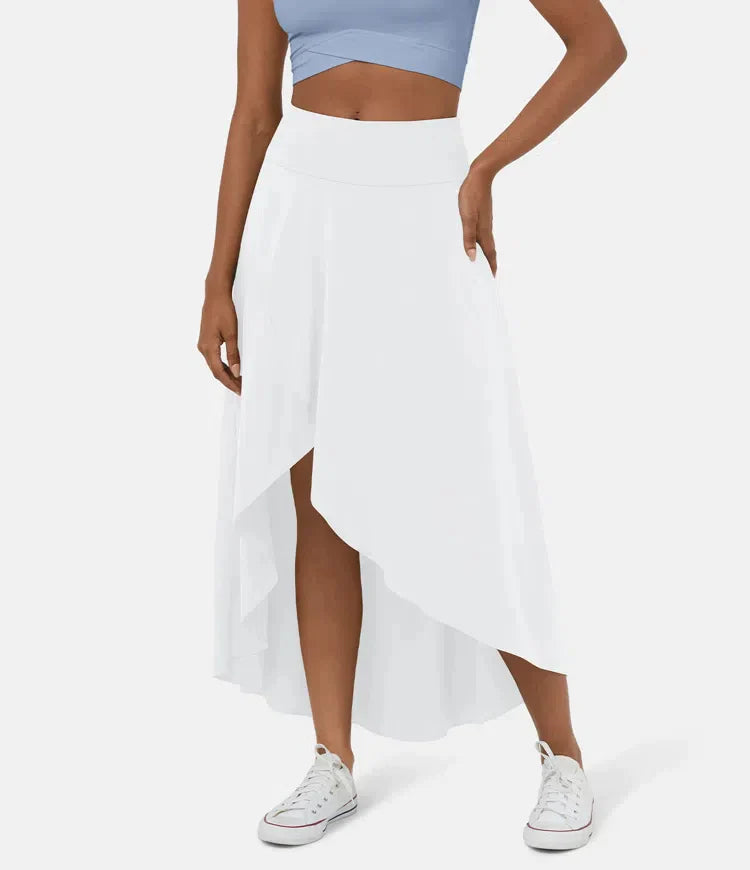 Women's Midi Skirt, Asymmetric High-Low Hem Wide Waistband