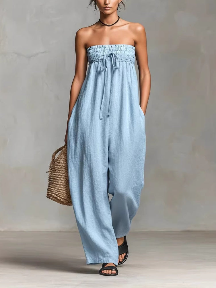 Women's Strapless Linen-Blend Jumpsuit, Tie Front Wide Leg