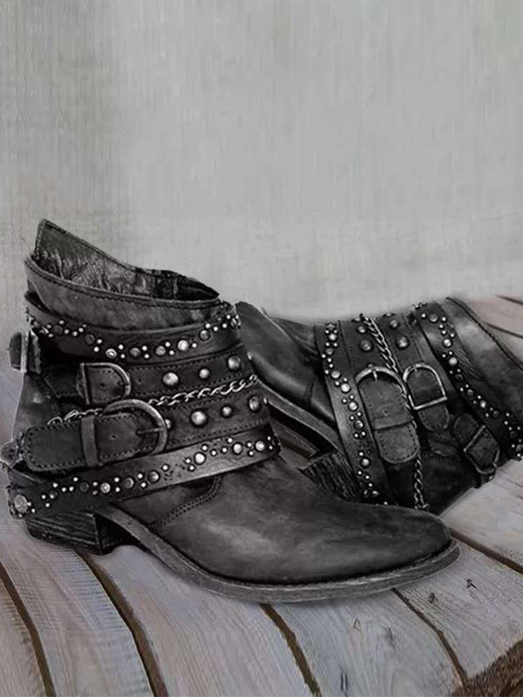 Women's Washed Ankle Boots, Studded Buckle Low Heel