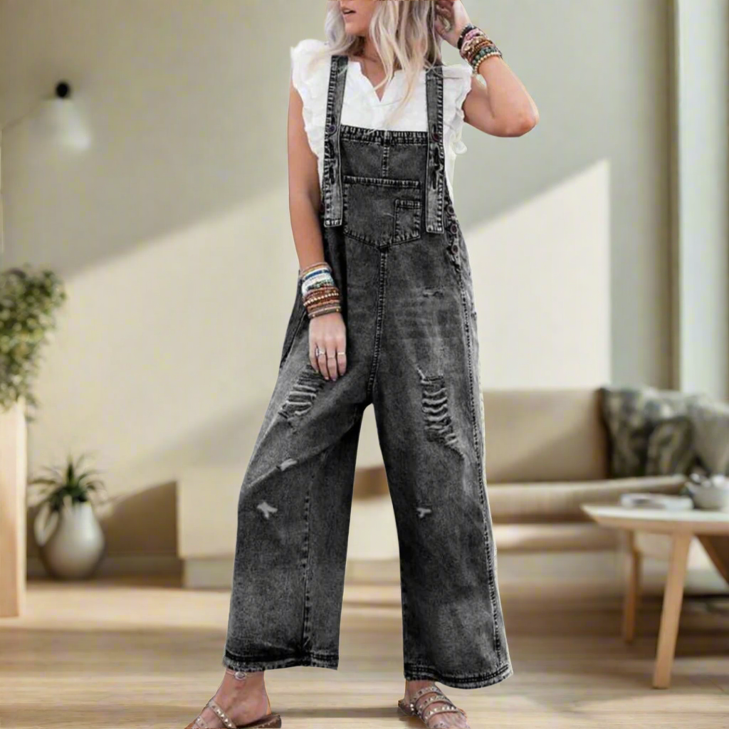 Women's Jumpsuit, Distressed Bib Front Wide Leg Overalls