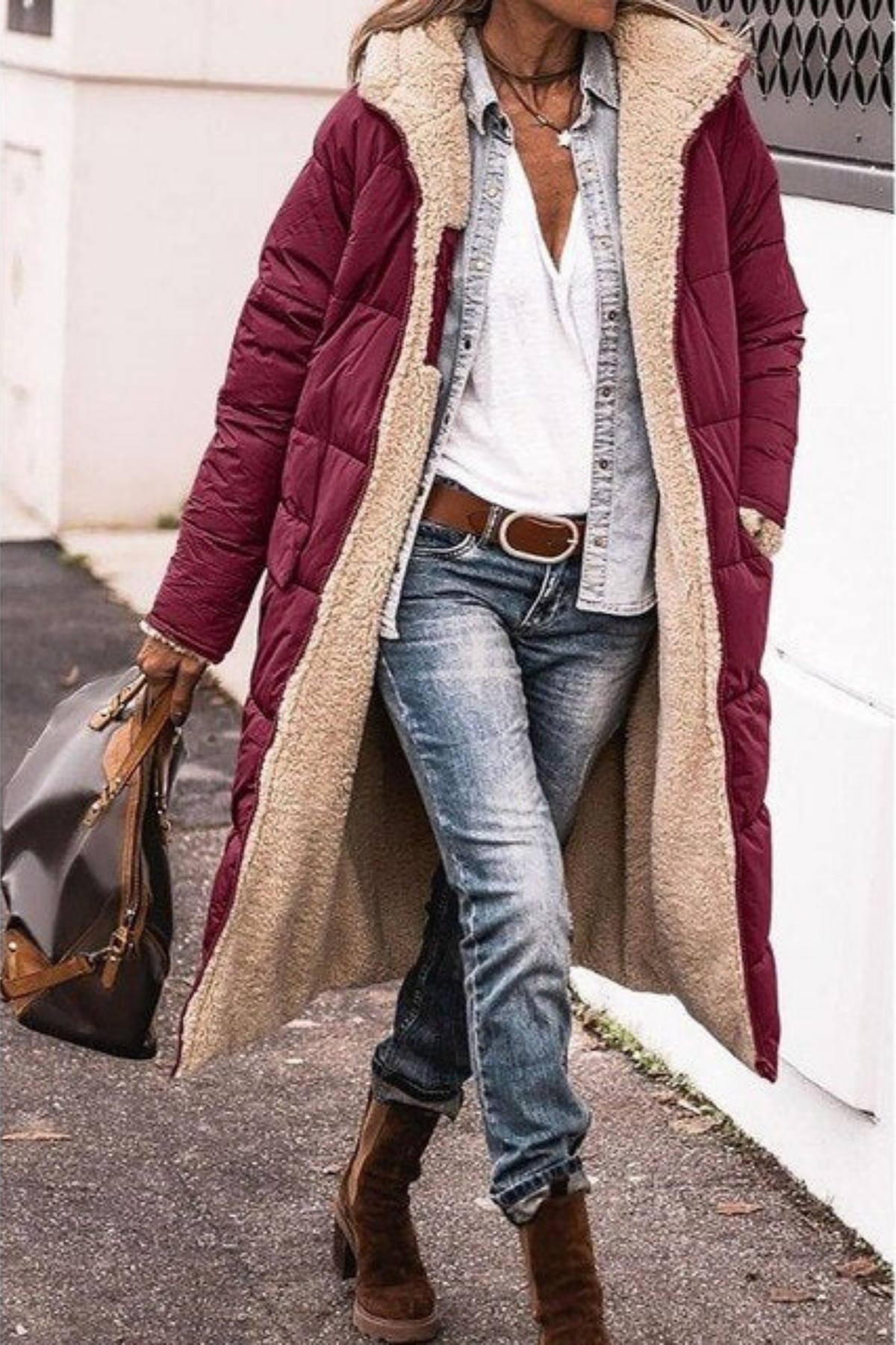 Women's Long Puffer Jacket, Reversible Sherpa Midi Longline Coat