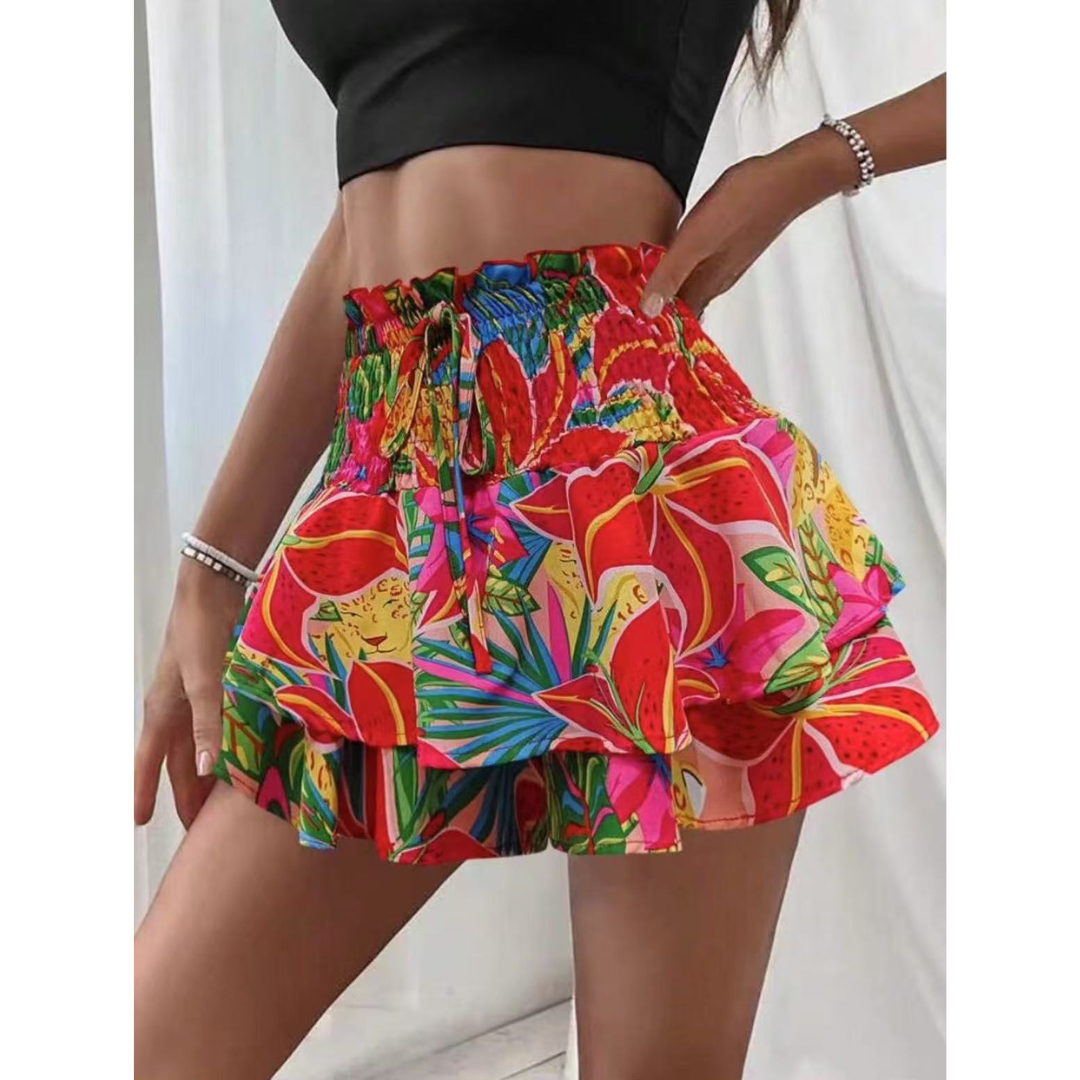 Women's Floral Mini Skirt, Smocked Waist Layered Ruffle Hem
