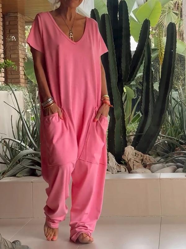 Women's V-Neck Short Sleeve Jumpsuit, Casual Cotton