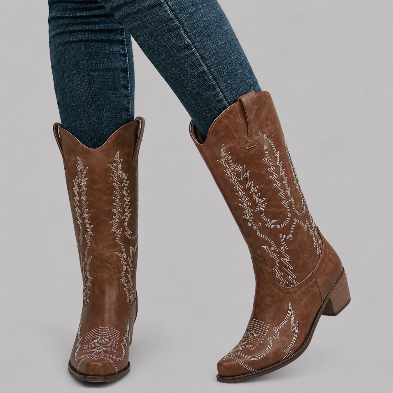 Women's Knee-High Cowboy Boots with Embroidered Design