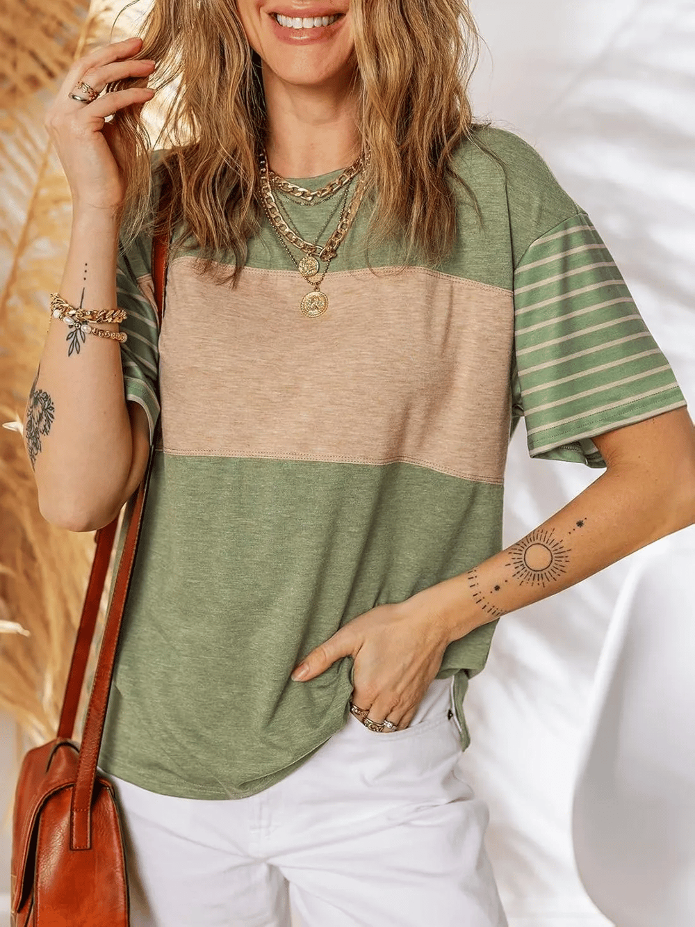 Womens Oversized Crewneck Casual Color Block Striped Shirts Blouses