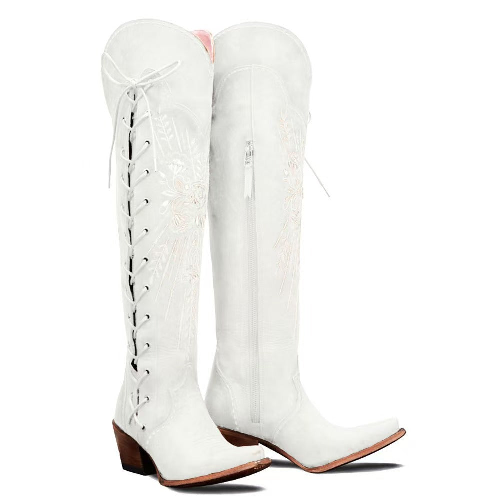 Women's Embroidered Western Boots, Lace-Up Rivet Detail