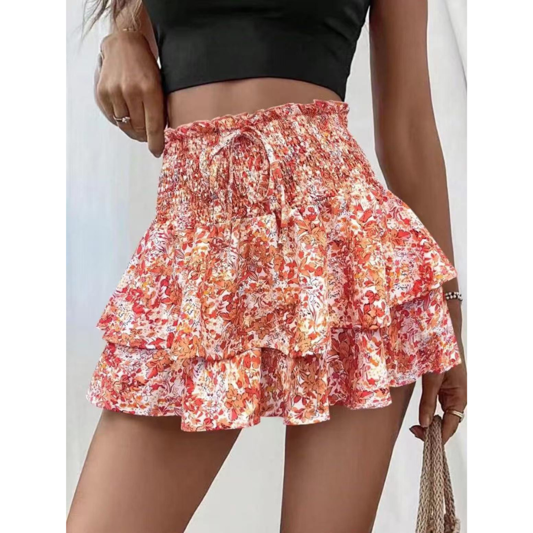 Women's Floral Mini Skirt, Smocked Waist Layered Ruffle Hem