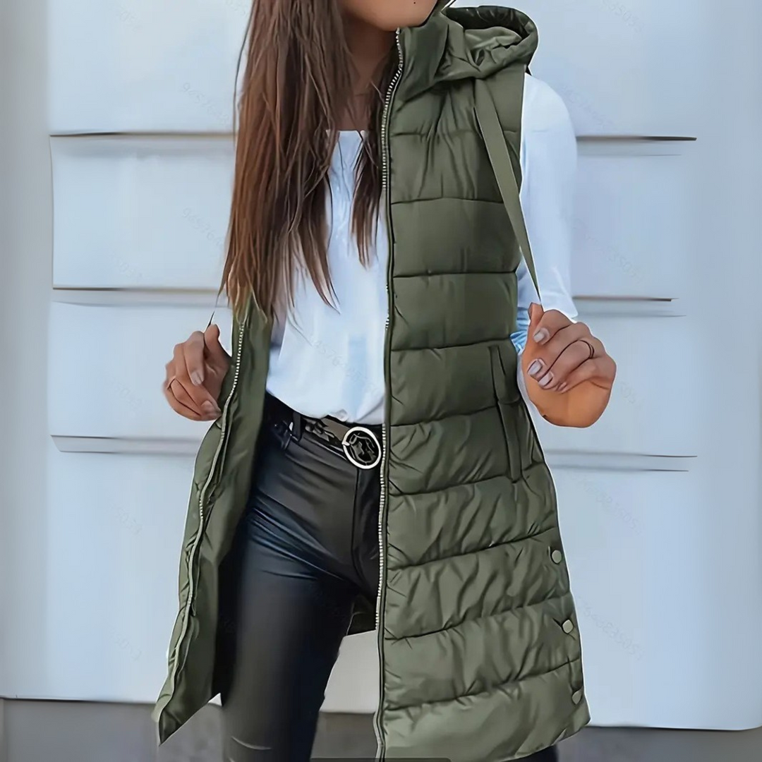 Women's Leather Jacket Style Puffer Vest, Longline Hooded Quilted