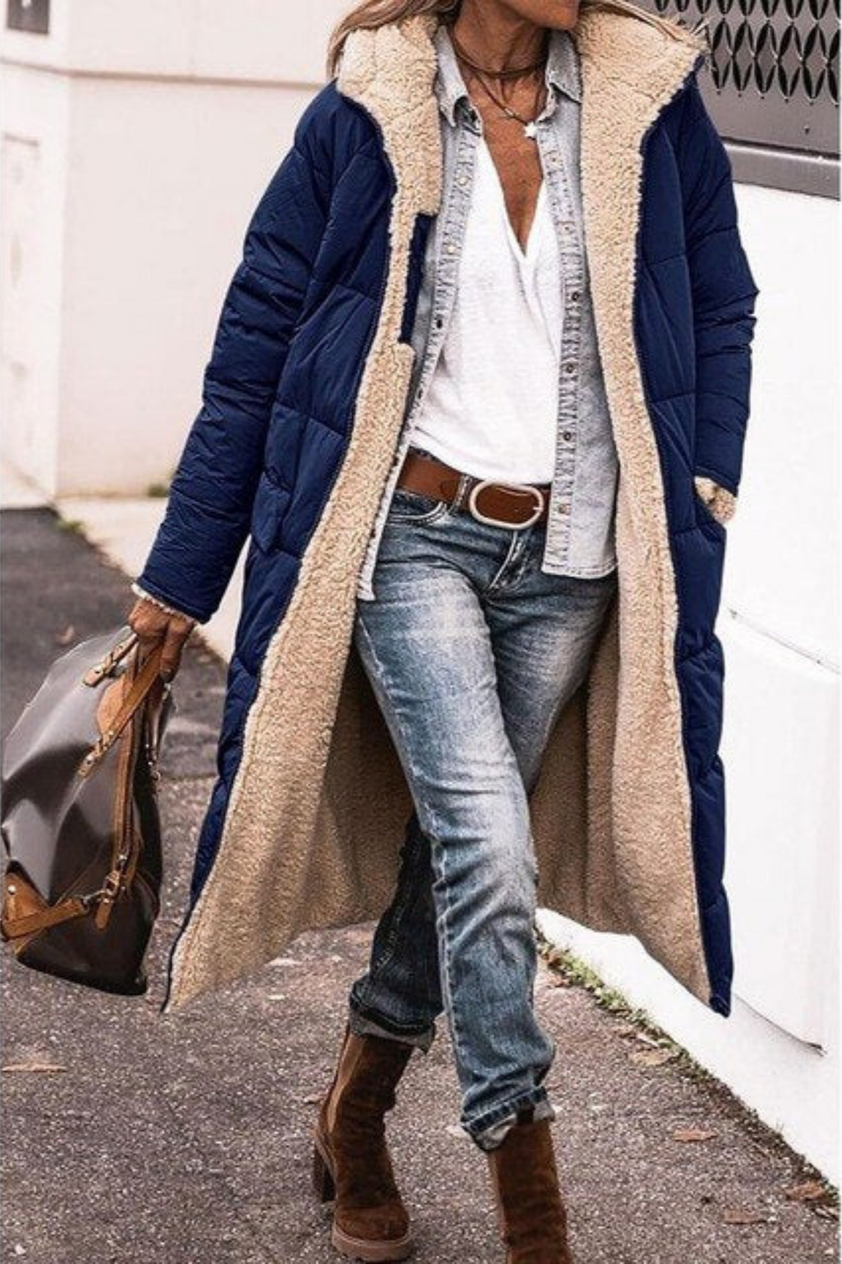 Women's Long Puffer Jacket, Reversible Sherpa Midi Longline Coat
