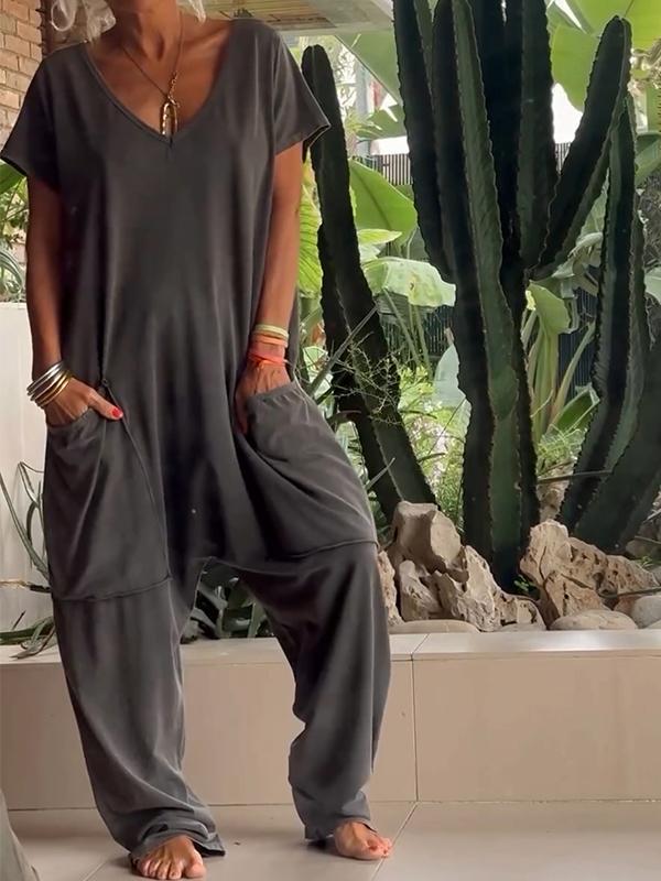 Women's V-Neck Short Sleeve Jumpsuit, Casual Cotton