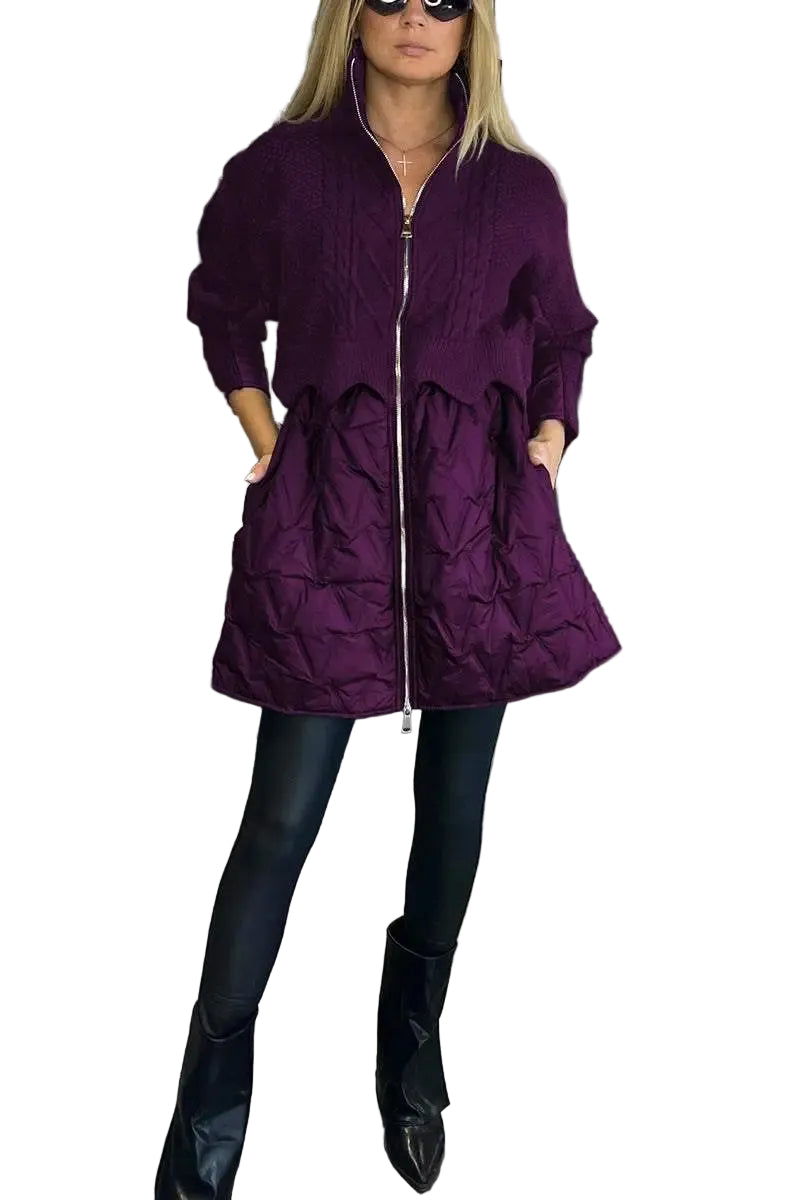 Women's Puffer Jacket, Oversized Quilted Zip-Up with Cable Knit Panel