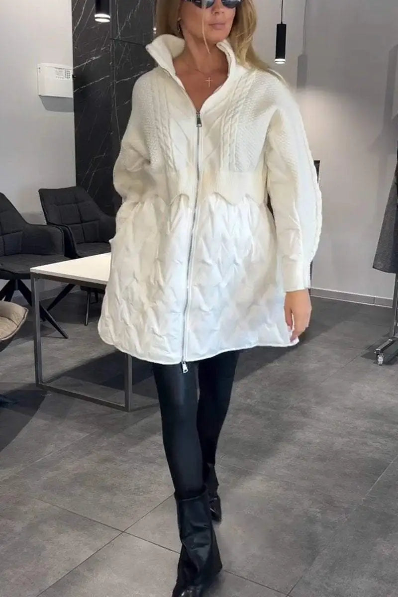 Women's Puffer Jacket, Oversized Quilted Zip-Up with Cable Knit Panel