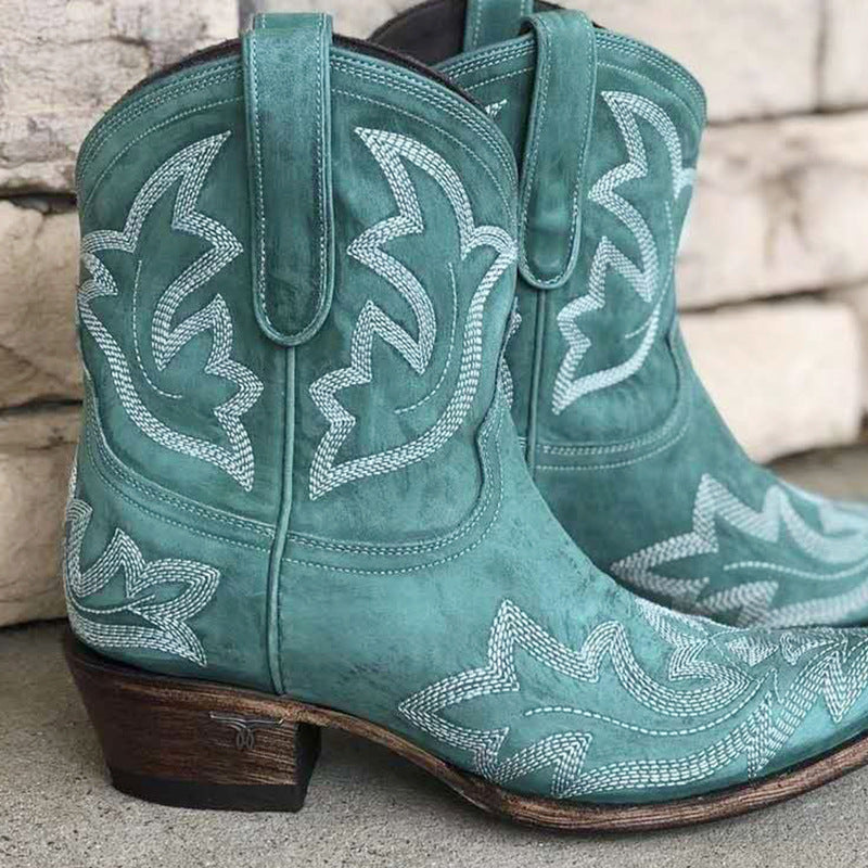 Women's Embroidered Western Ankle Boots, Low Block Heel