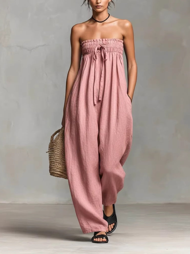 Women's Strapless Linen-Blend Jumpsuit, Tie Front Wide Leg