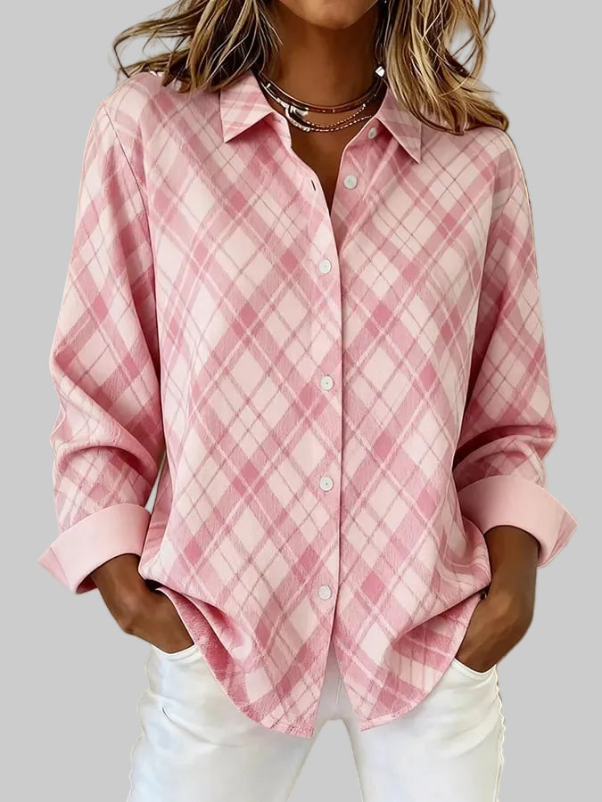 Women's casual pink plaid shirt