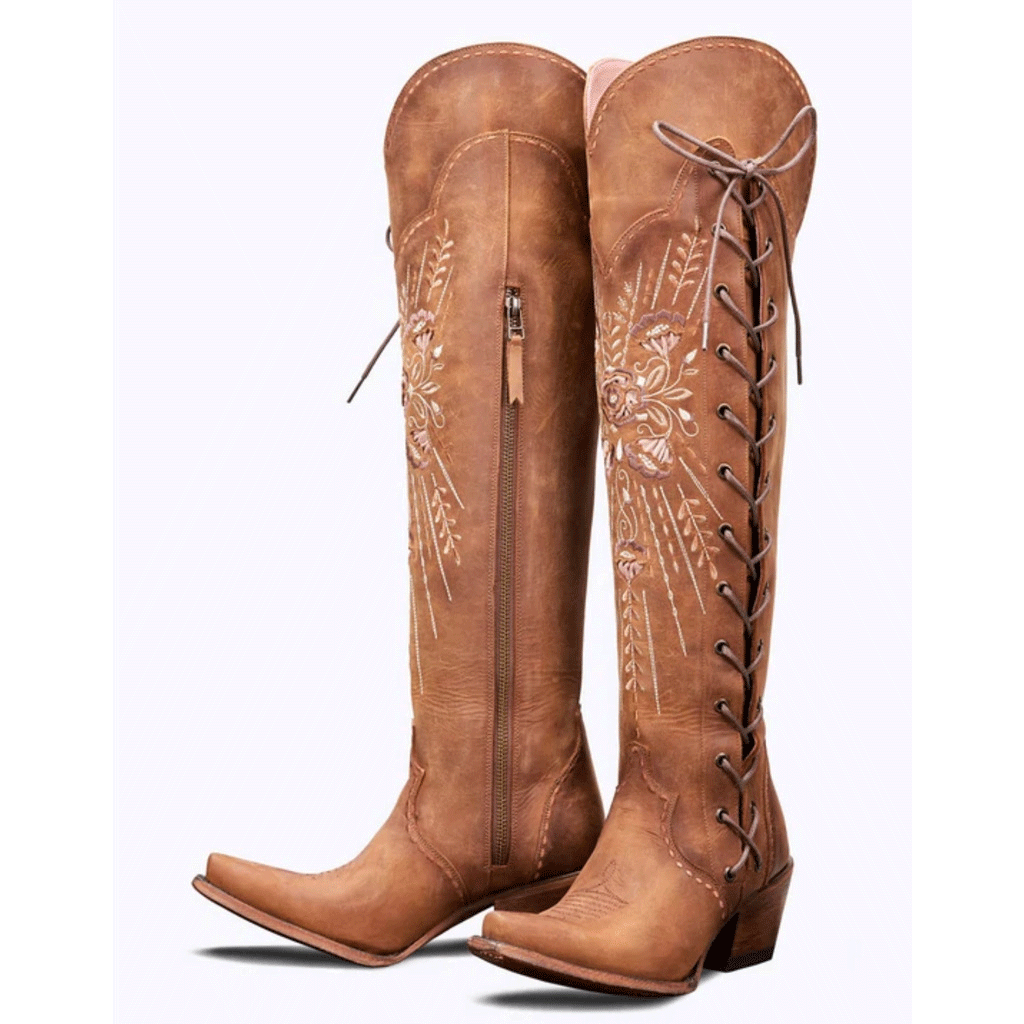 Women's Embroidered Western Boots, Lace-Up Rivet Detail