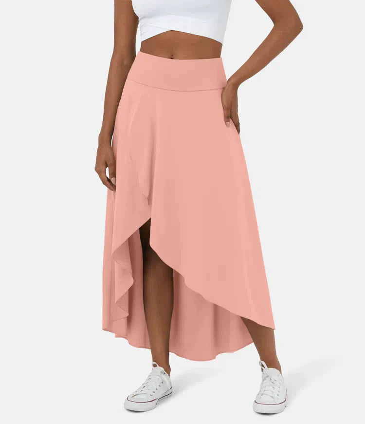 Women's Midi Skirt, Asymmetric High-Low Hem Wide Waistband