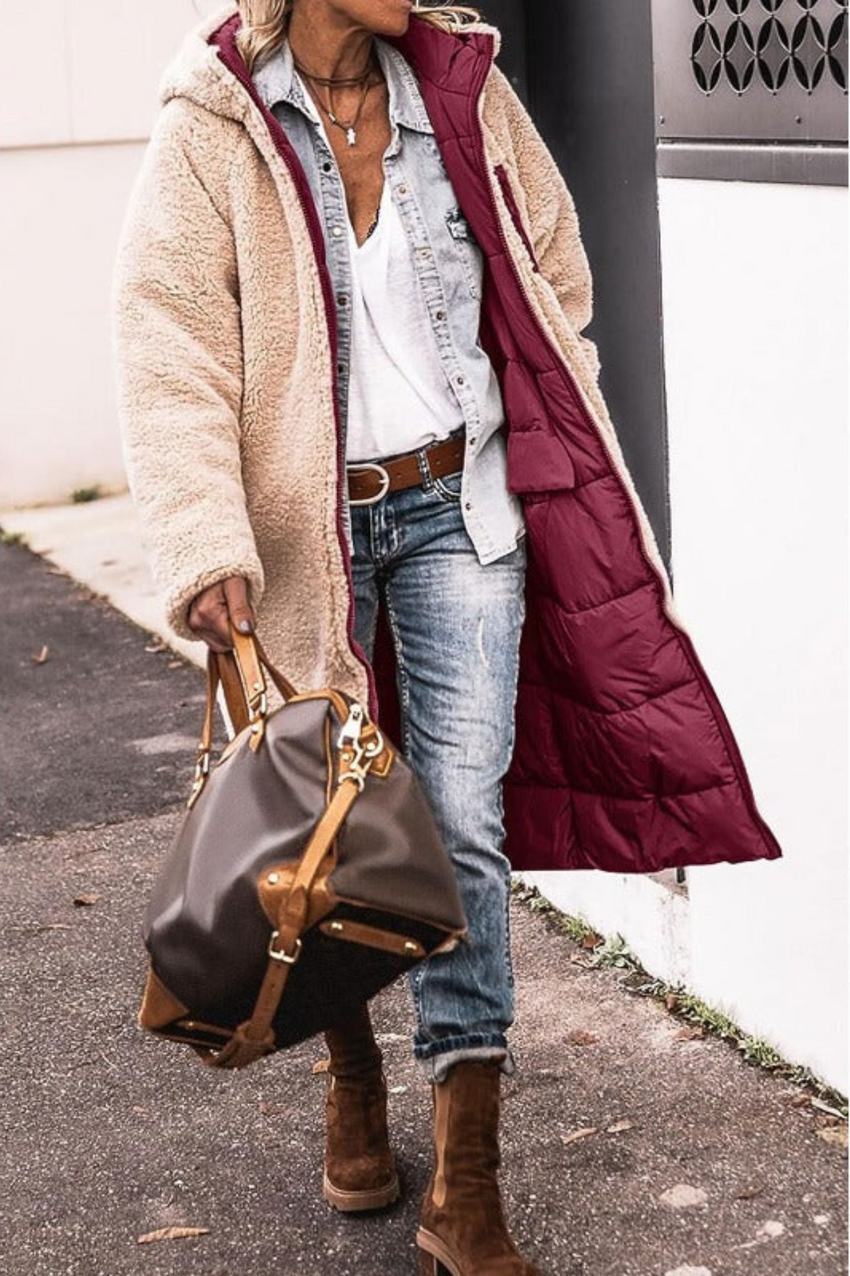 Women's Long Puffer Jacket, Reversible Sherpa Midi Longline Coat