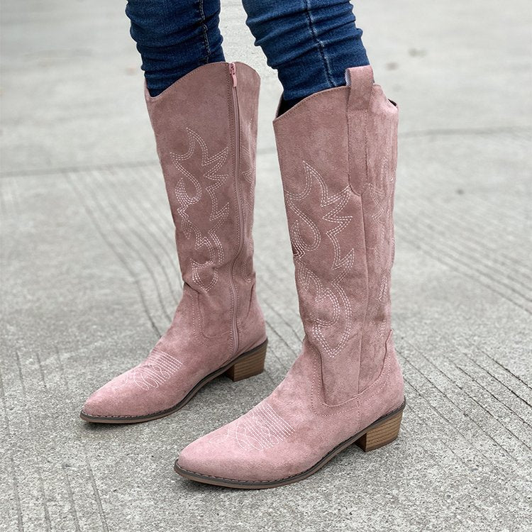 Women's Embroidered Denim Western Boots, Chunky Heel