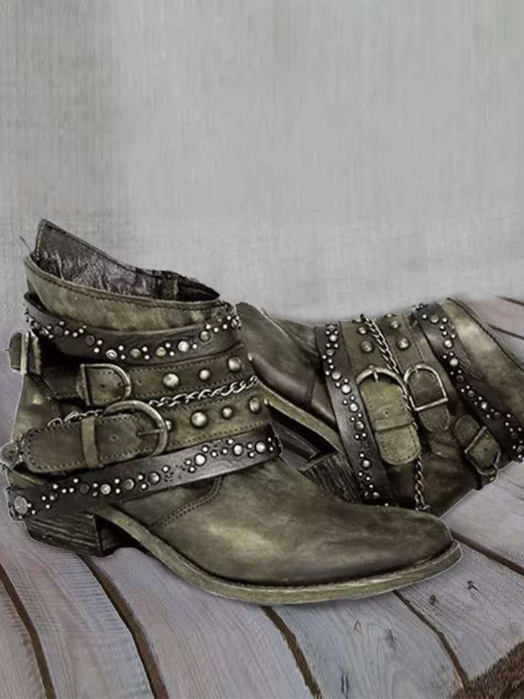 Women's Washed Ankle Boots, Studded Buckle Low Heel