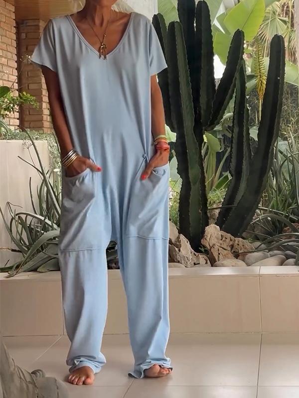 Women's V-Neck Short Sleeve Jumpsuit, Casual Cotton