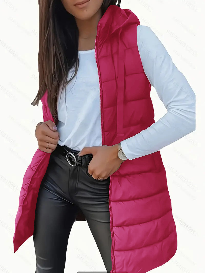 Women's Leather Jacket Style Puffer Vest, Longline Hooded Quilted