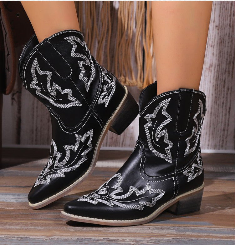 Women's Embroidered Western Ankle Boots, Low Block Heel