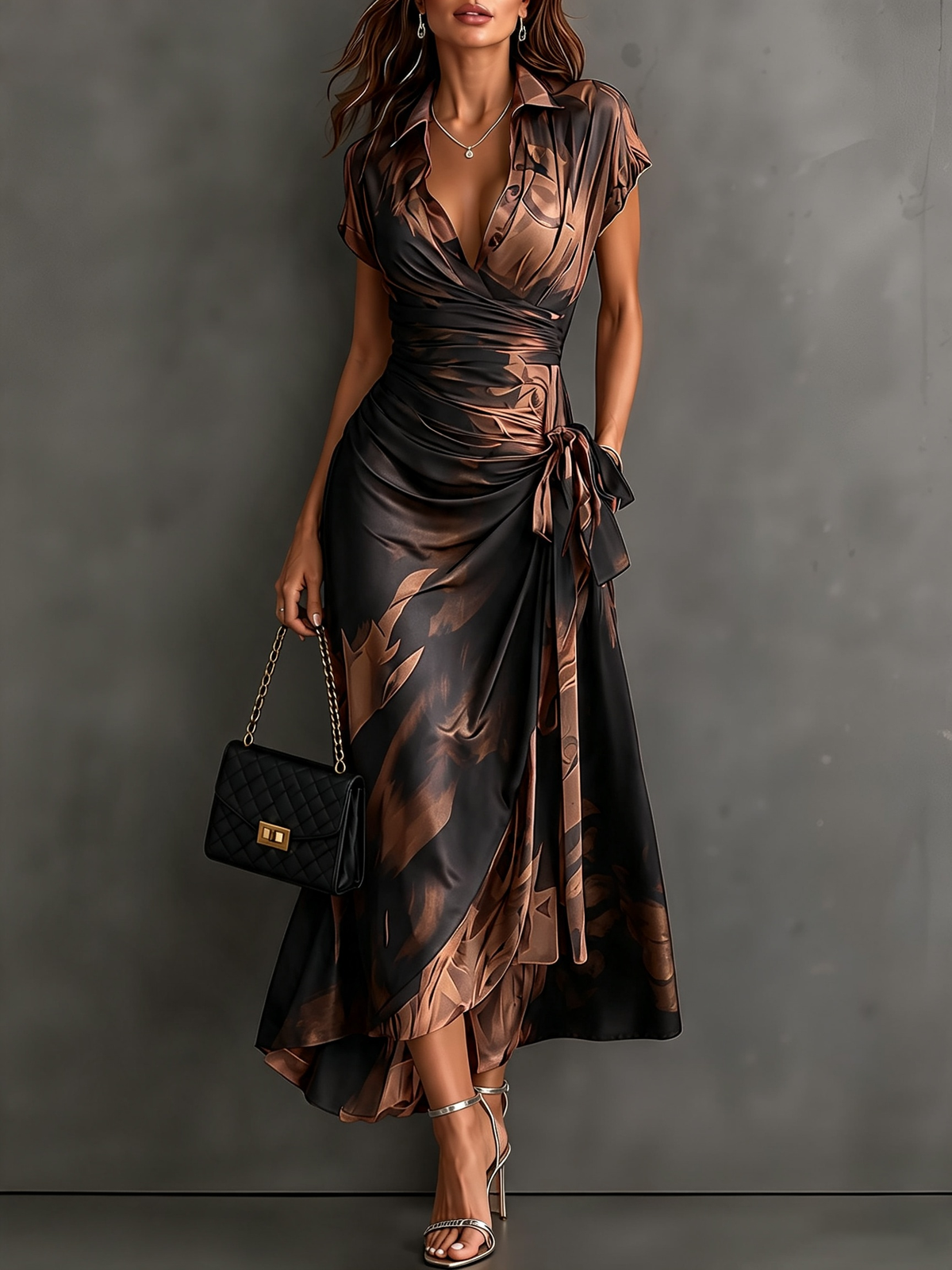 Red and Black Abstract Print Wrap Midi Dress, V-Neck Collared, Short Sleeve, Tie Waist, Asymmetrical Hem with Ruffles