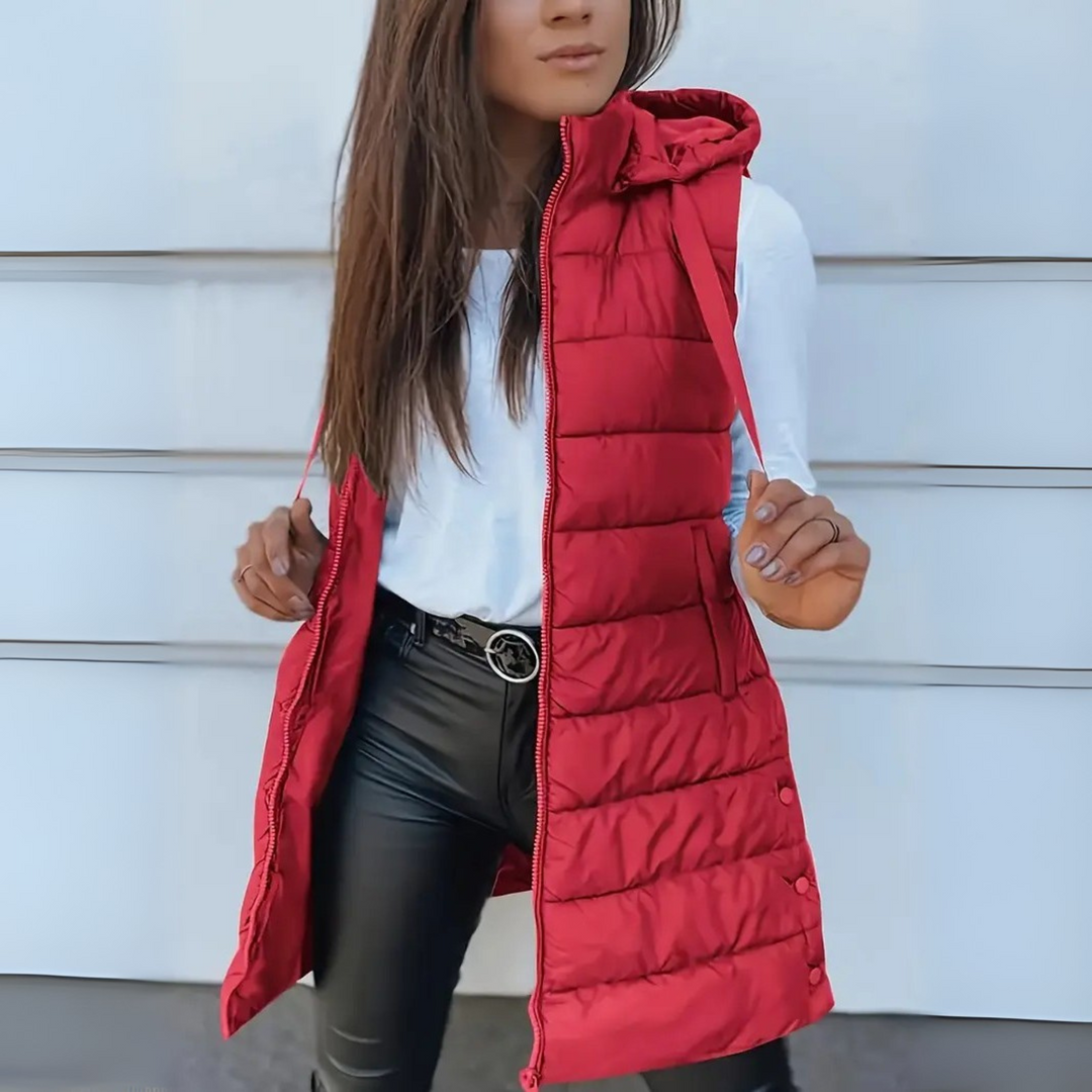 Women's Leather Jacket Style Puffer Vest, Longline Hooded Quilted