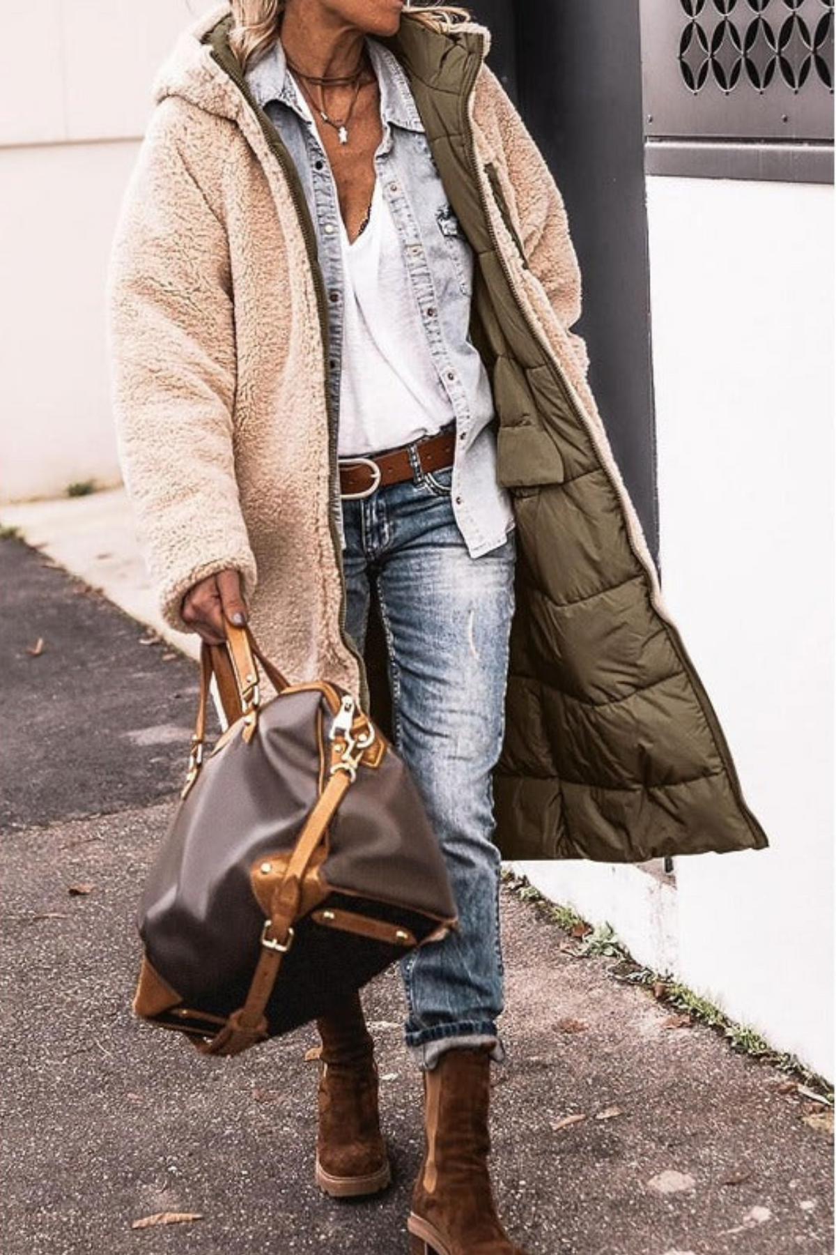 Women's Long Puffer Jacket, Reversible Sherpa Midi Longline Coat