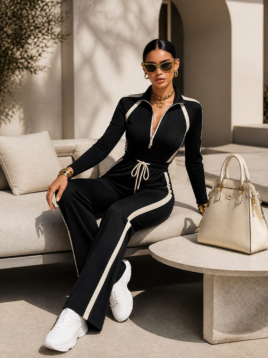 Women's Two-Piece Tracksuit Set, Half Zip Top & Wide Leg Pants