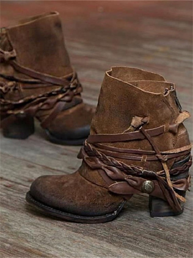 Women's Suede Ankle Boots, Braided Lace-Up Mid Heel