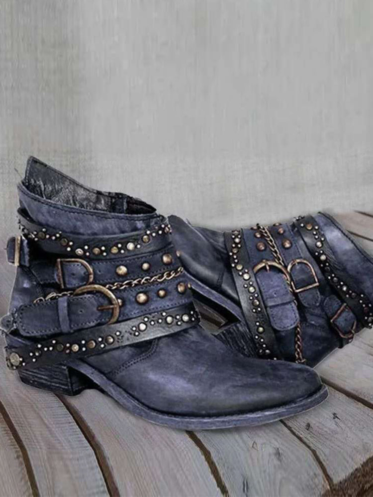 Women's Washed Ankle Boots, Studded Buckle Low Heel