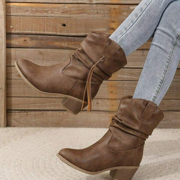 Women's Western Ankle Boots, Tassel and Braided Buckle
